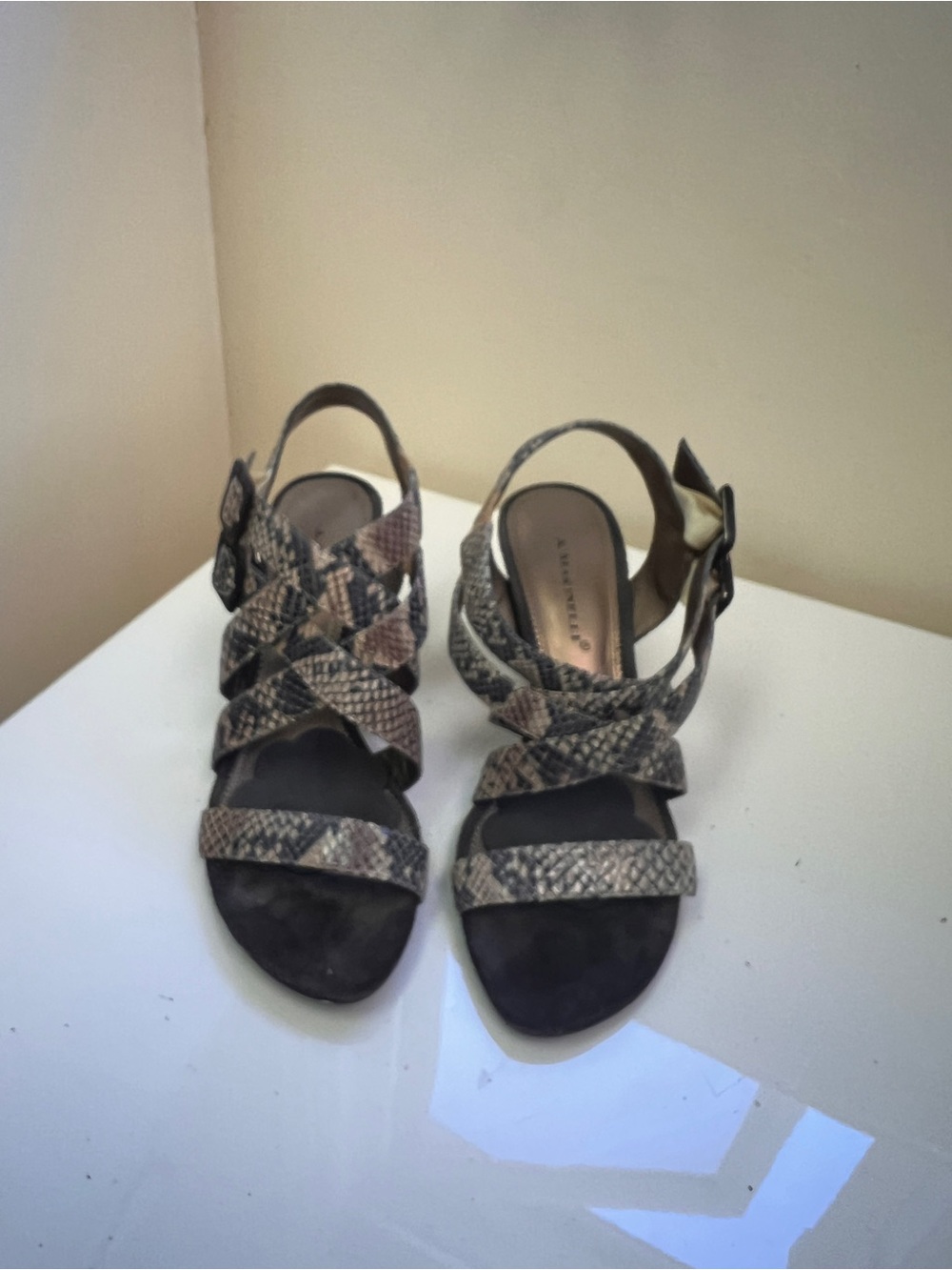 A. Marinelli Gray Snake-Print Multi-Strap Heels with Bow Accent